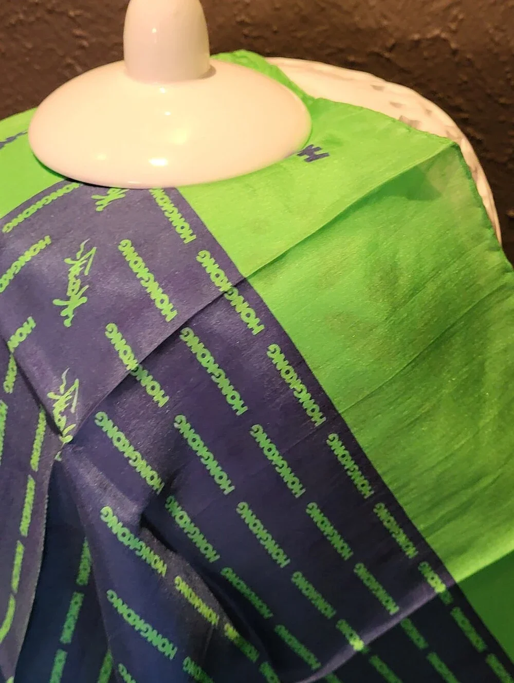 Hong Kong Blue/Green Silk Souvenir Scarf Square Vintage